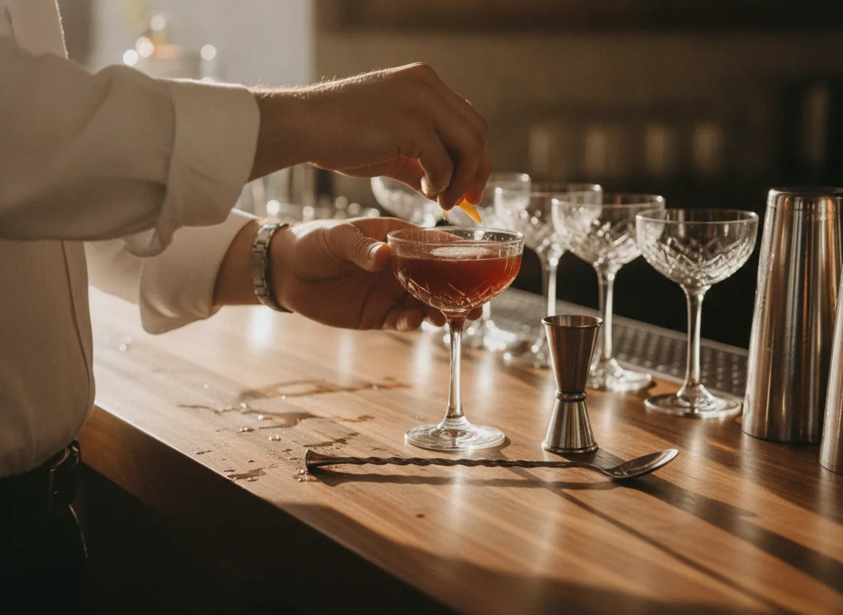 Rolled white sleeves finish a cocktail in a cut-crystal coupe on a walnut bar top, a citrus twist expressed over the glass.