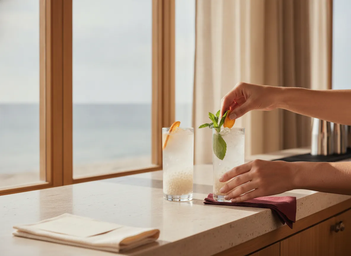 Hands garnish two zero-proof spritzes with citrus wheels and herbs on a pale stone counter in soft daylight.
