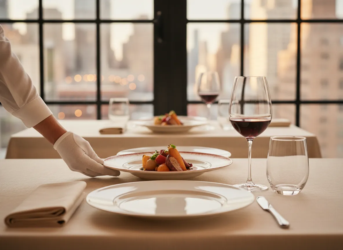 A server's white-gloved hands lower a plated course onto a linen-set table in late-afternoon light.