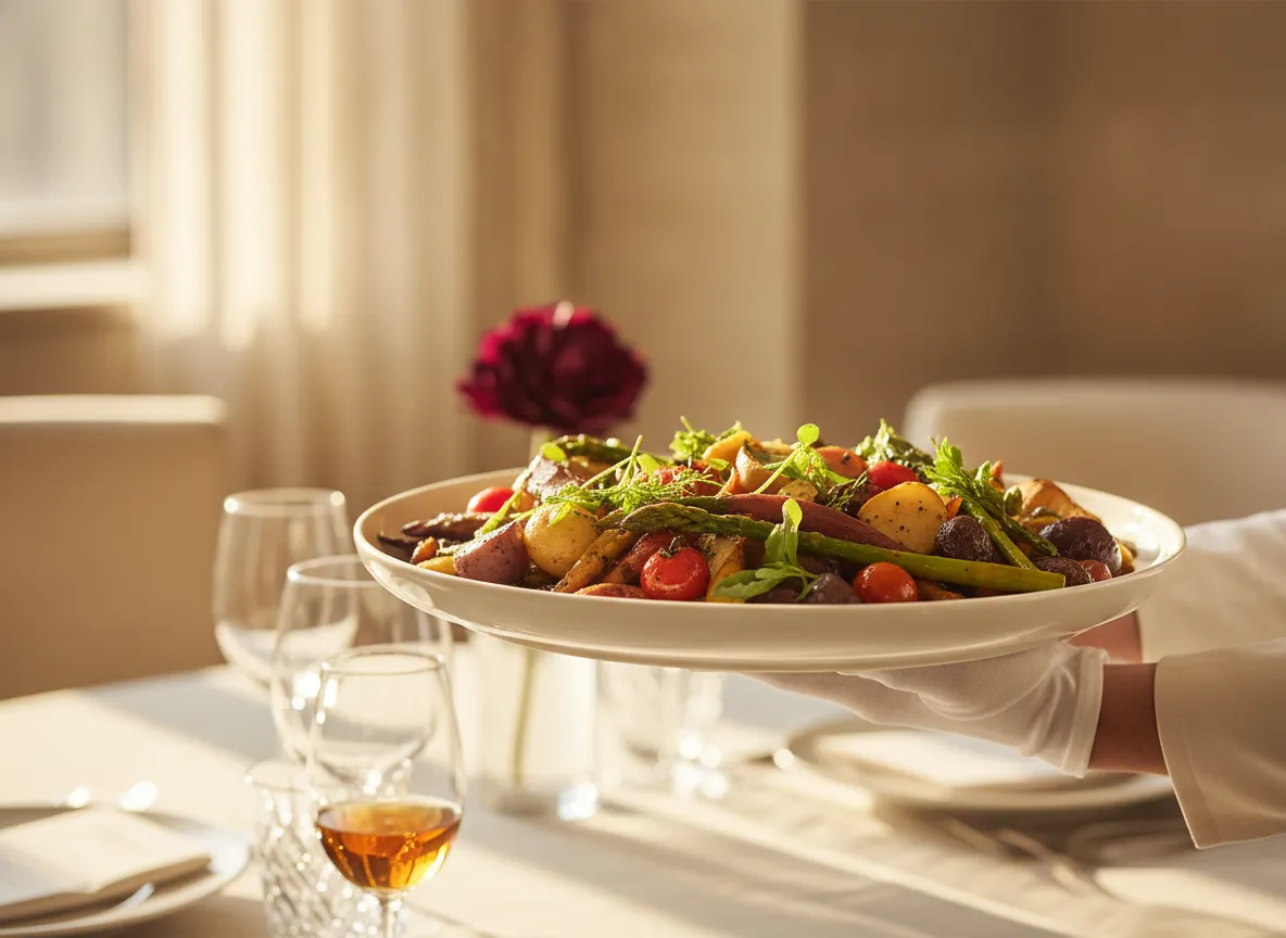 Gloved hands present a family-style platter of composed vegetables at table height, stemware soft-focused beyond.